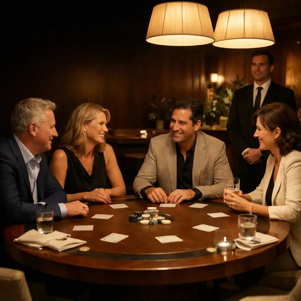 Friends gathered around a timber poker table in a warm restaurant card lounge after dinner.
