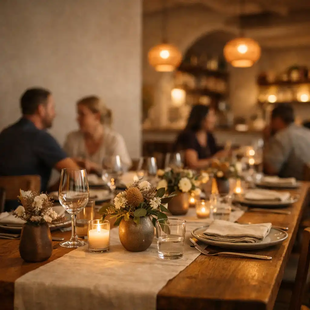 A warmly lit dining room with a long timber table set for dinner