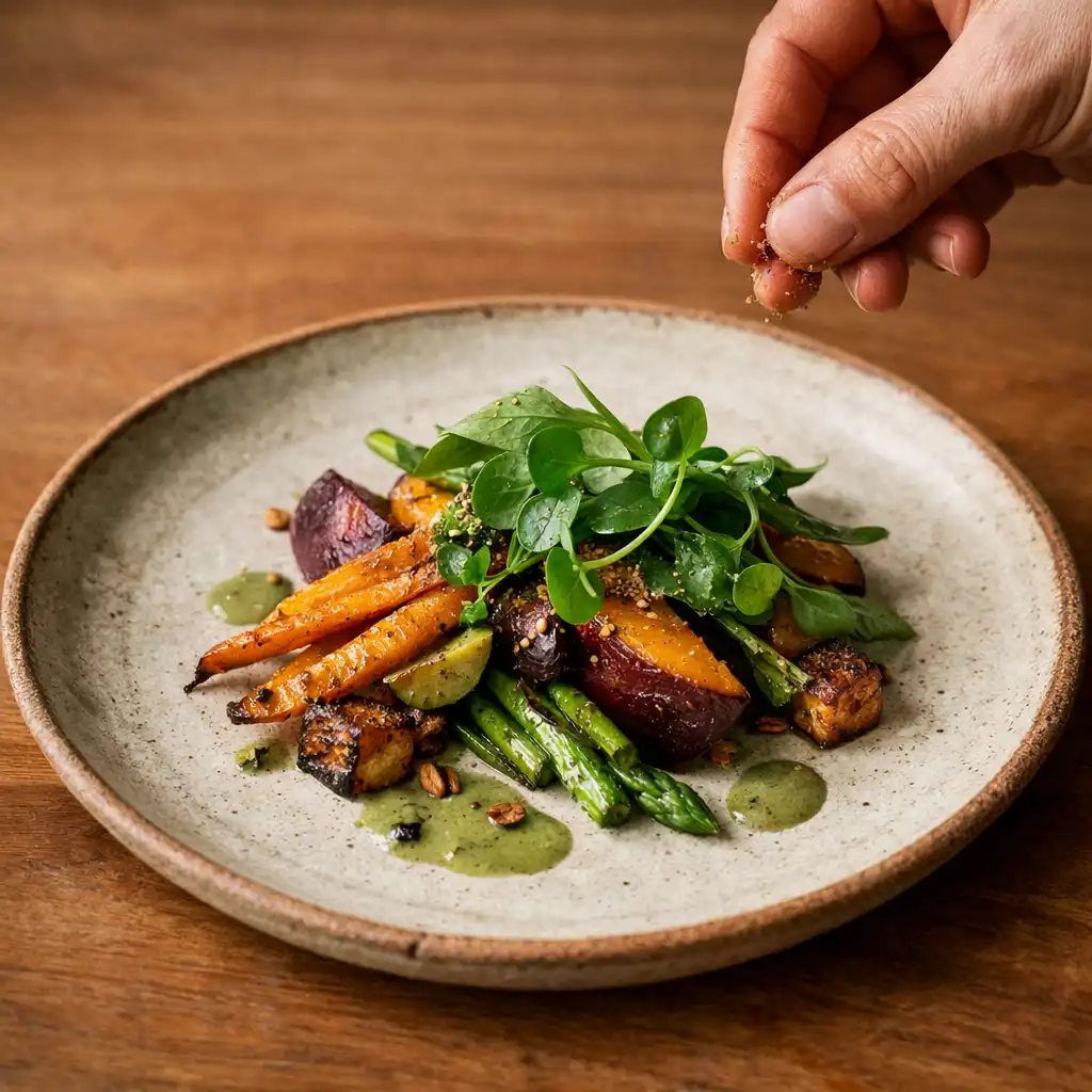 A plated seasonal dish on handmade stoneware with a chef finishing the plate