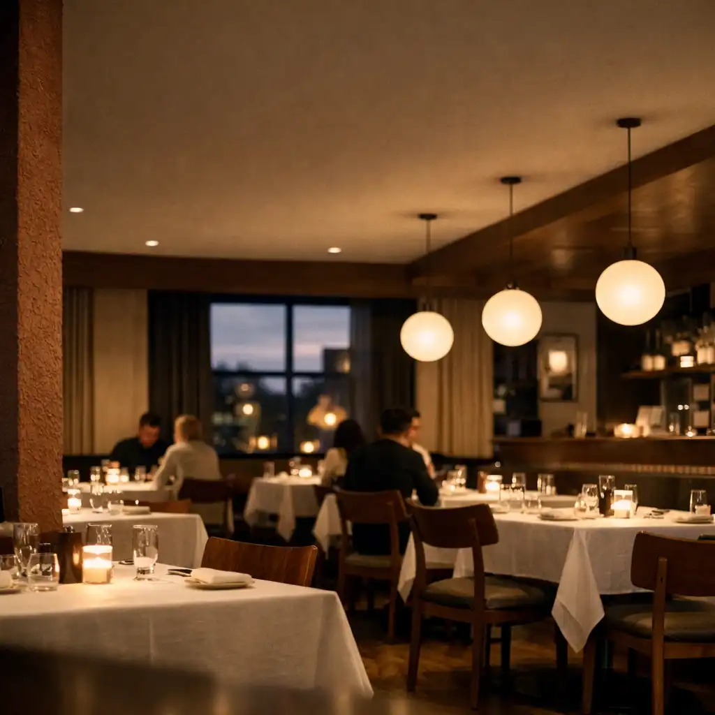 Warm Melbourne dining room at dusk with linen-dressed tables and pendant lights