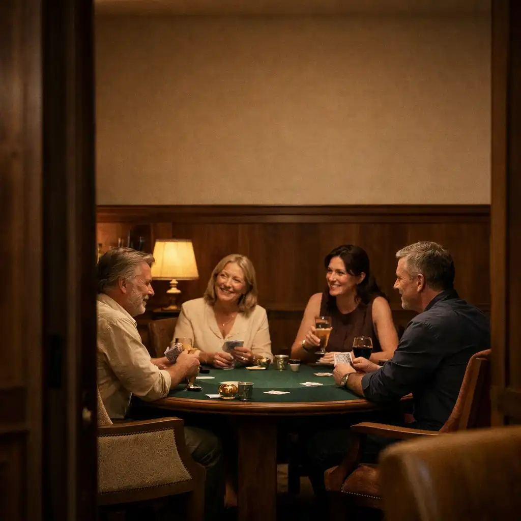 Four adult guests in quiet conversation around a poker table in an in-venue card lounge