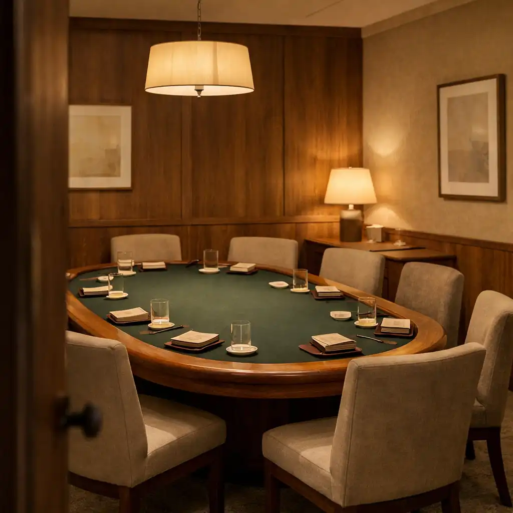 An intimate private card room with a polished table, upholstered chairs and warm lamps.