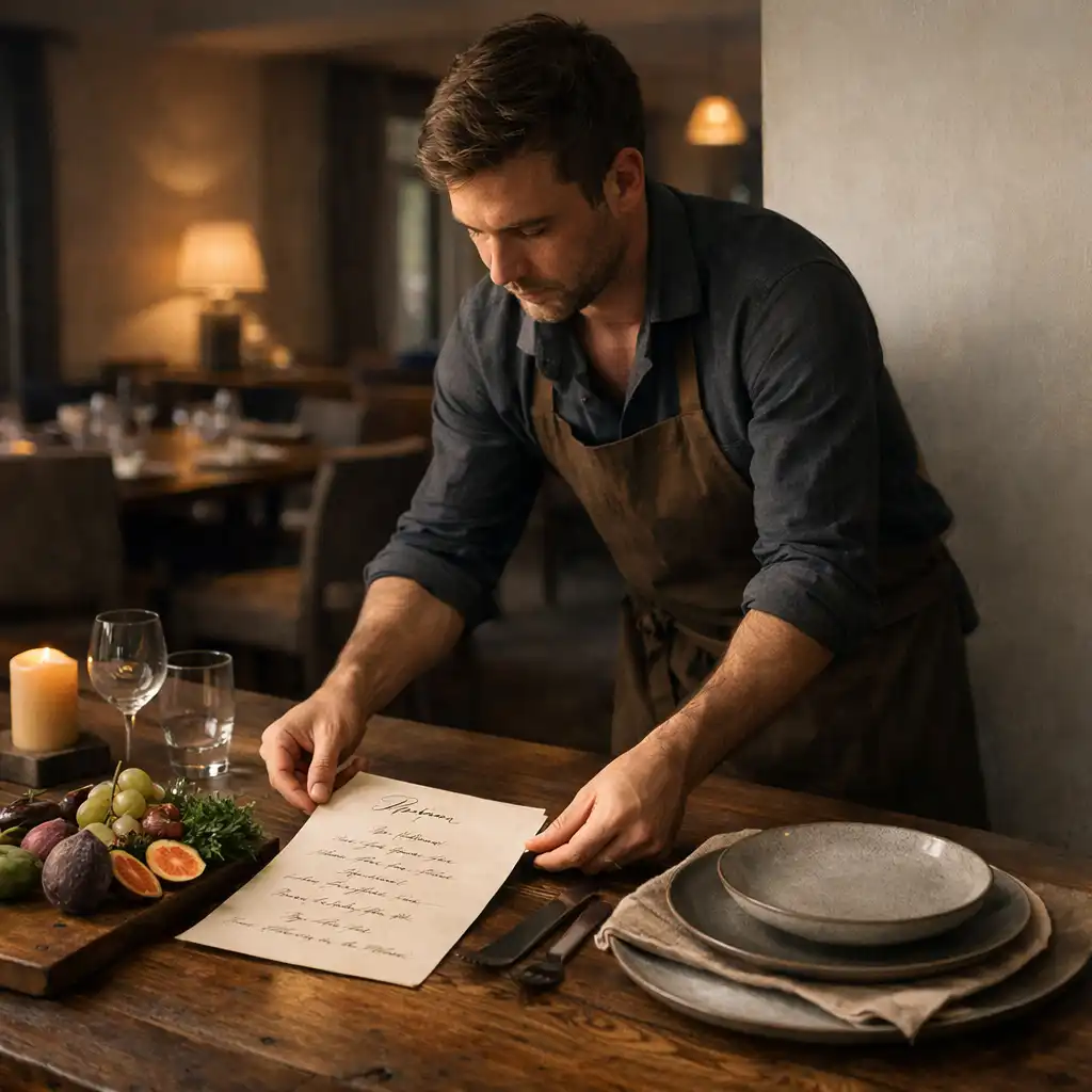 A host preparing menus and ceramic plates at a private dining table