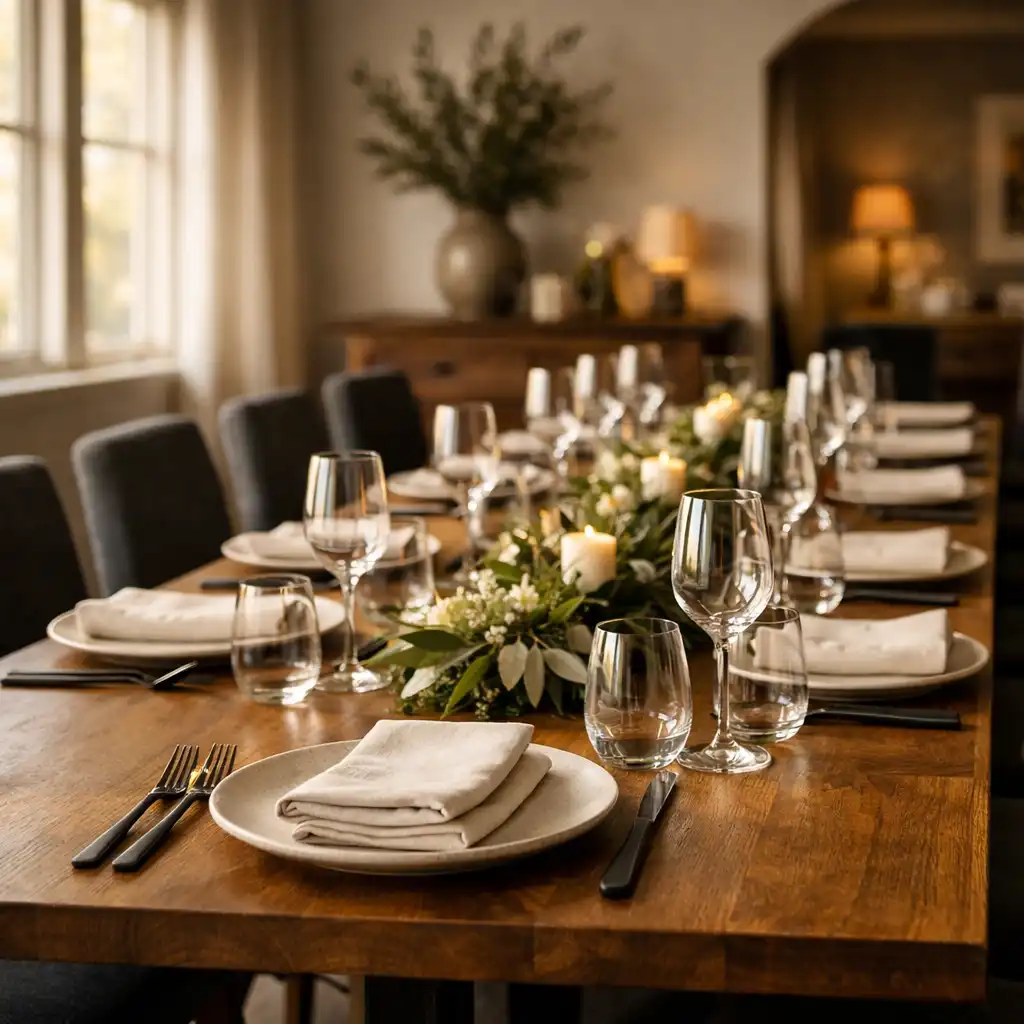 Prepared private group dining table with linen, ceramics and window light