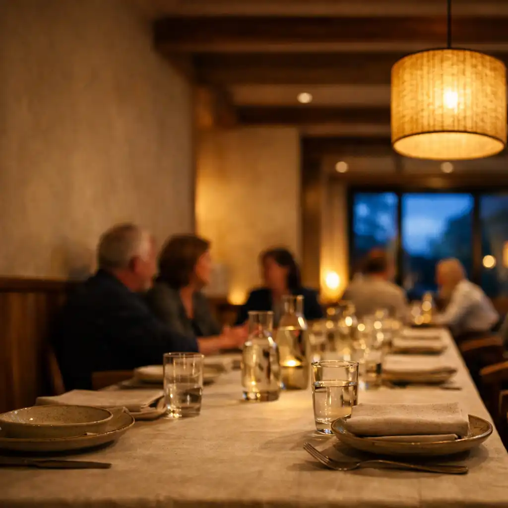 A warmly lit restaurant dining room with a linen-set shared table and relaxed diners in the background.