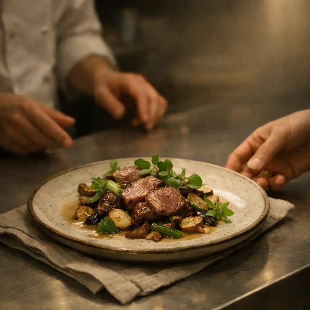 A seasonal plated dish at a restaurant pass with calm service activity softly visible behind it.