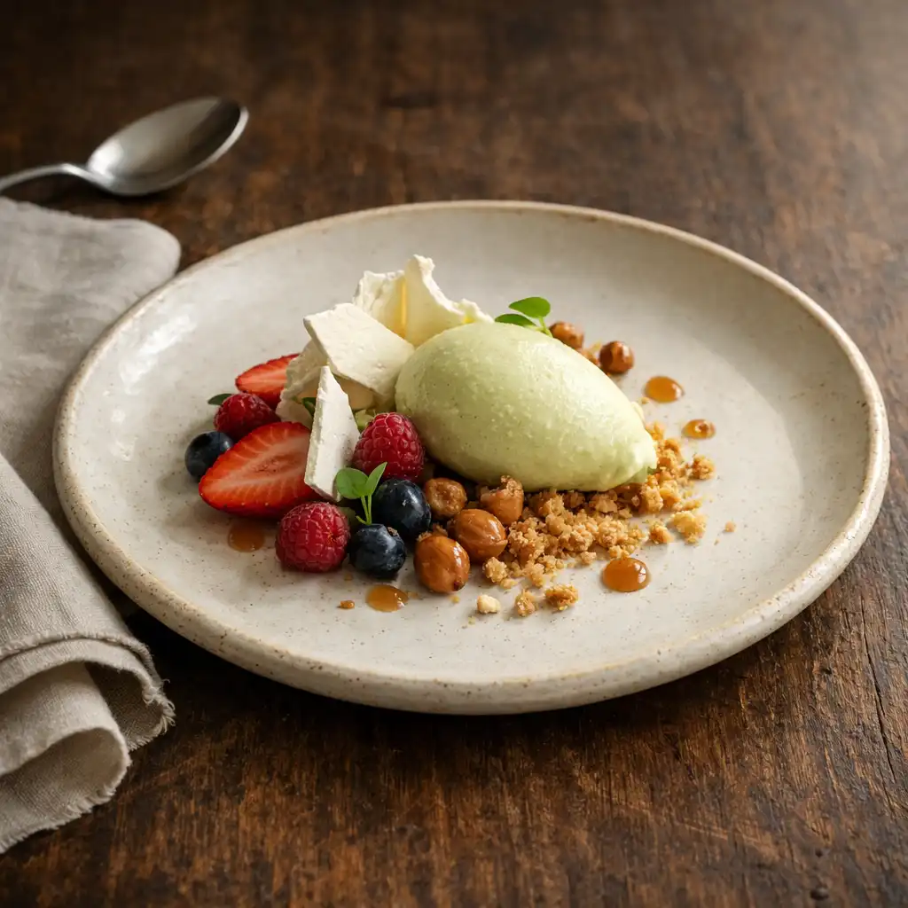 Seasonal dessert on a cream ceramic plate on a timber table