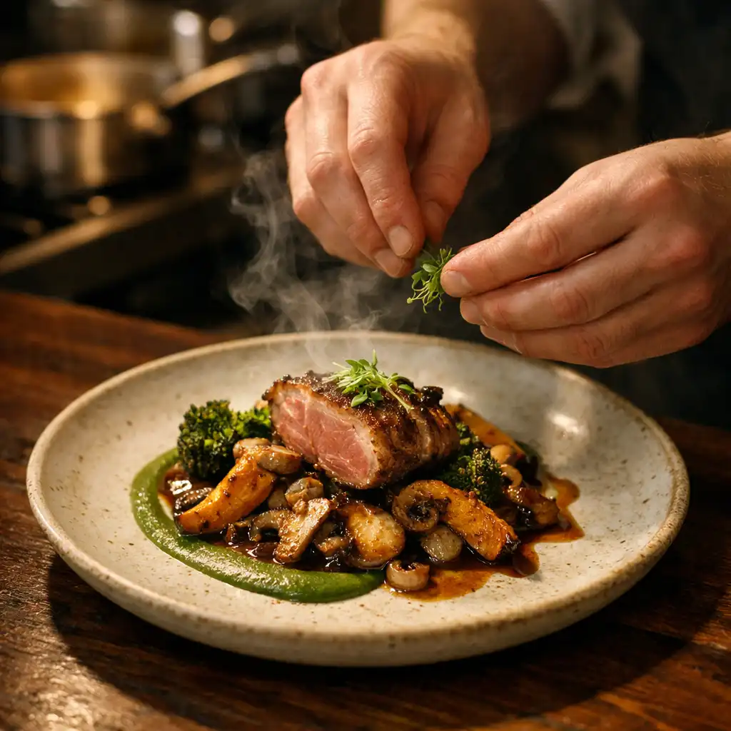 Chef's hands finishing a seasonal plate on a dark timber pass