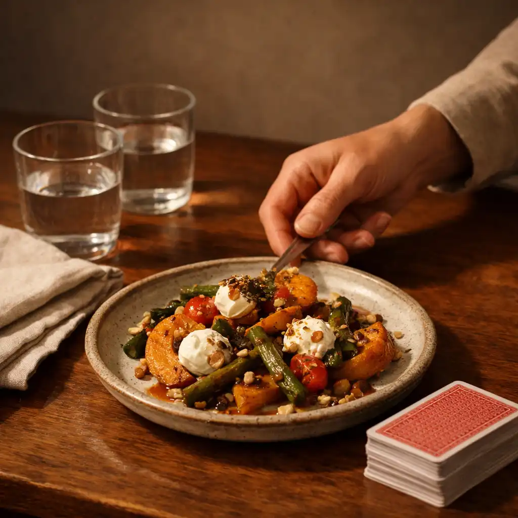 A seasonal shared dish beside linen, water glasses and cards on a timber table.