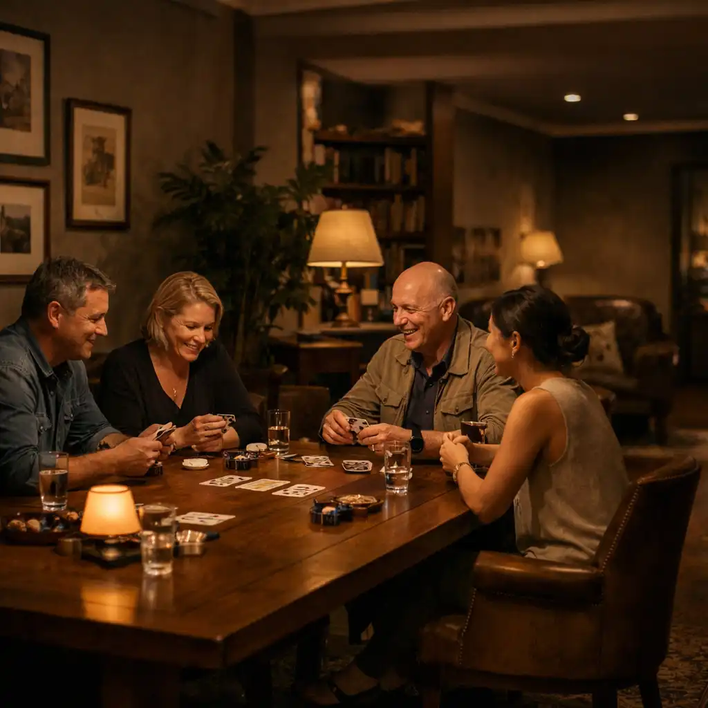 Adults sharing an in-venue card lounge evening around a timber table