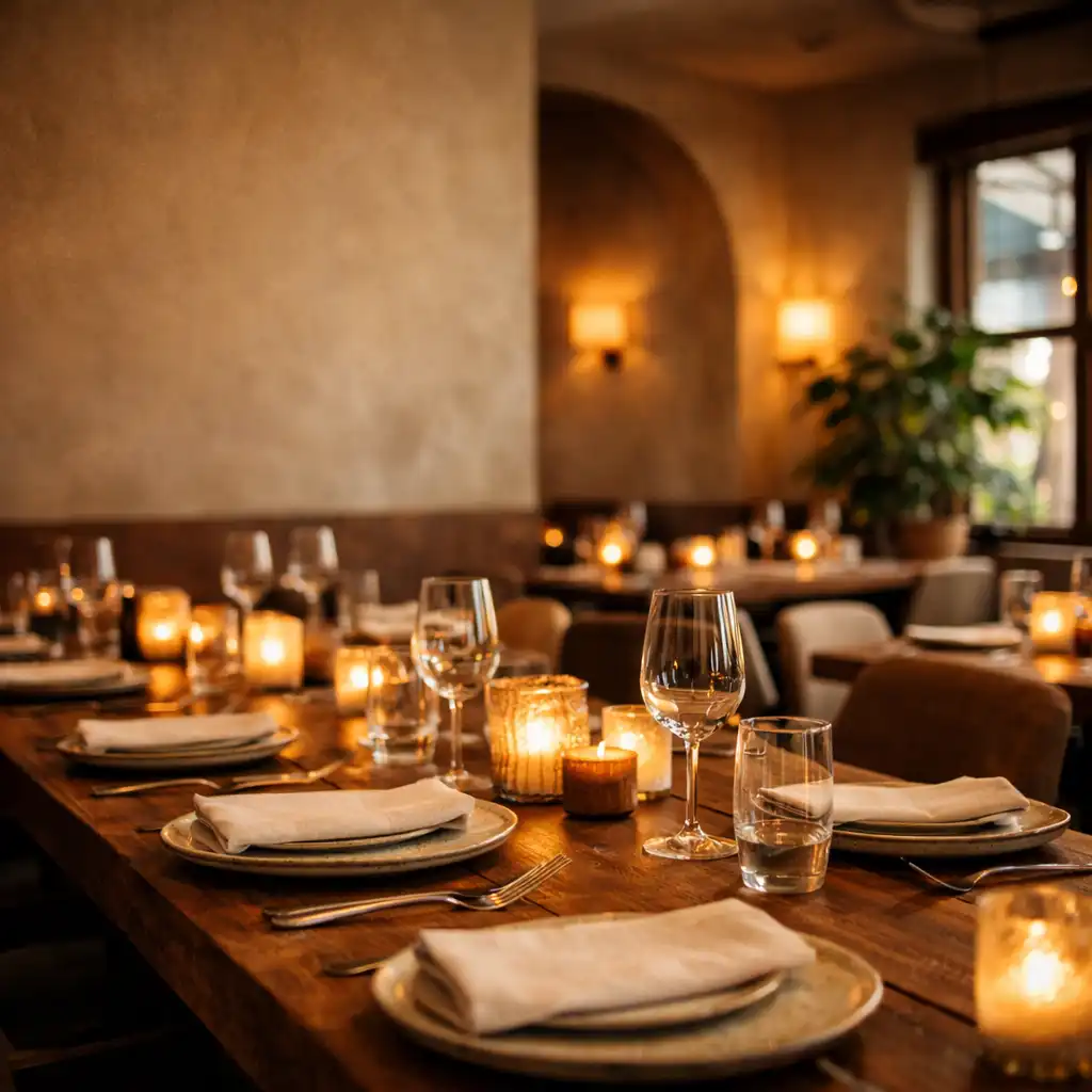 A warmly lit restaurant dining room set for evening service